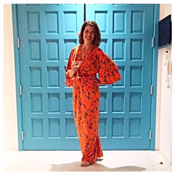 Anthropolgie S Orange Tropical Femme Print Maxi Long Wrap Flutter Kimono Dress - Picture 13 of 16